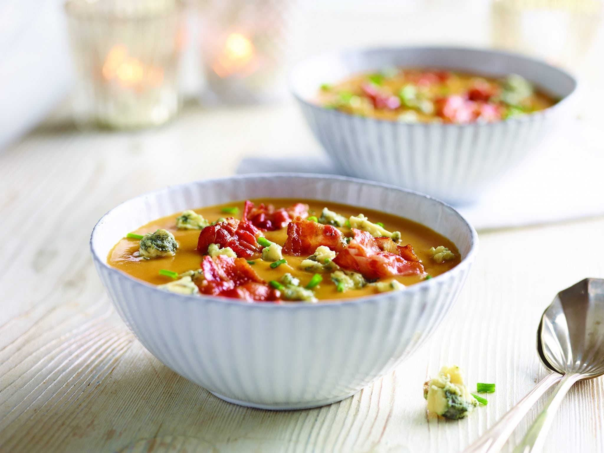 Pumpkin Soup with Cropwell Bishop Stilton and Crispy Bacon