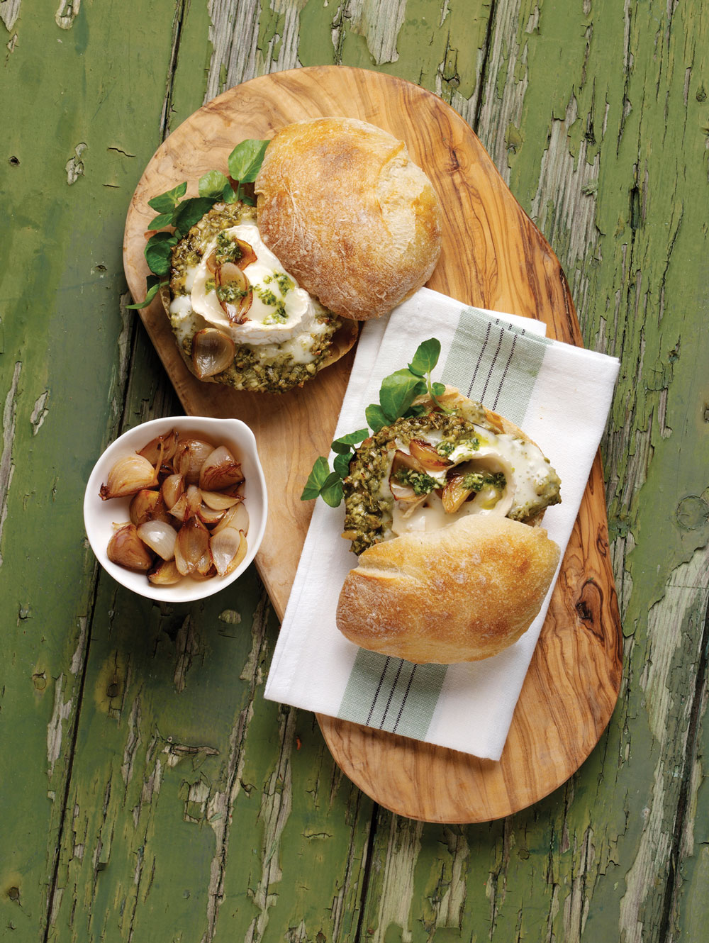 Pesto & Goats’ Cheese Mushroom Burgers with caramelised shallot topping