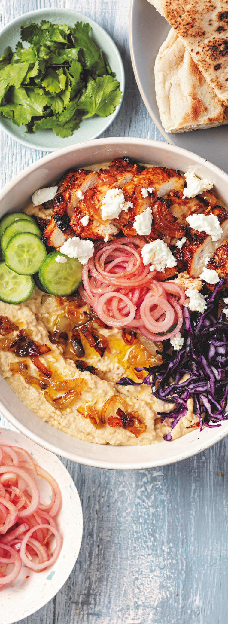 Chicken Shawarma and Caramelised Shallot Hummus Bowls