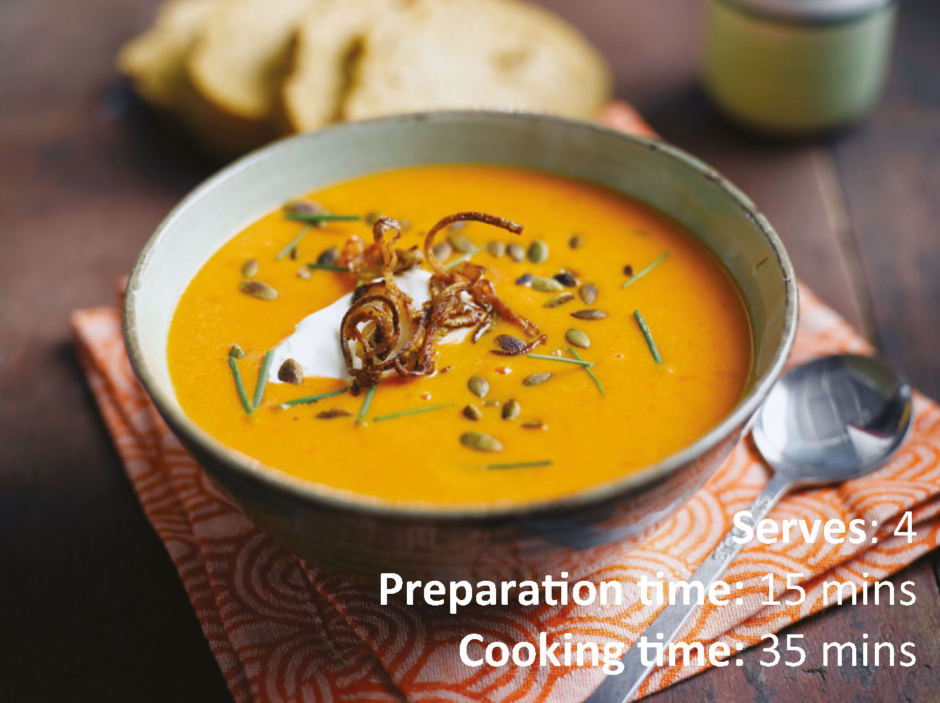 Pumpkin and Red Pepper Soup with Candied Shallot and Pumpkin Seeds
